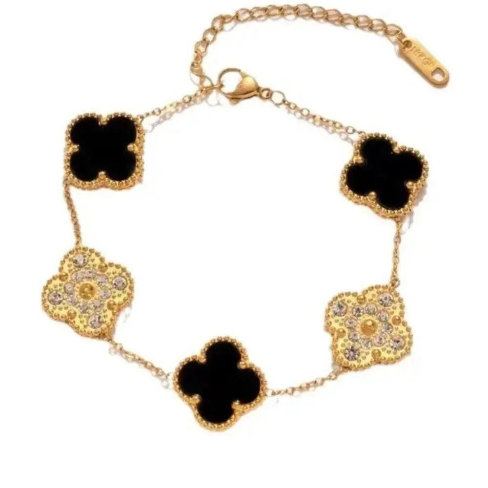 18K Gold Plated & Black Quatrfoil Diamond Clover Bracelet